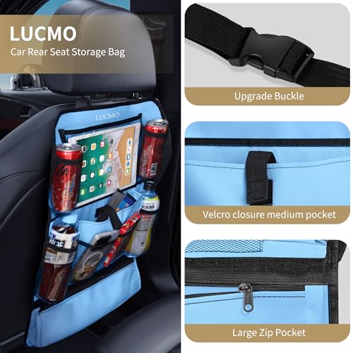 Image of LUCMO Car Backseat Organizer with Touch Screen Tablet Holder, Light Blue | 2 Pcs,9 Storage Pockets,Clear Tablet Holder,Protectors Kick Mats,Travel Accessories,Seat Cover,Road Trip Essentials