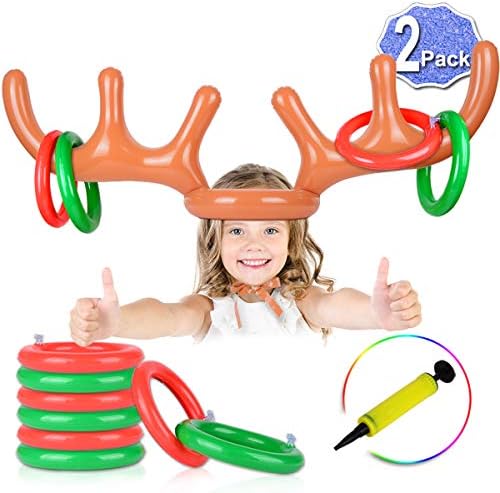 2 Set Inflatable Reindeer Antler Game, (2 Inflatable Antler, 12 Rings Reindeer Ring Toss) Inflatable Reindeer Antler Hat with Rings, Family Christmas Party Games
