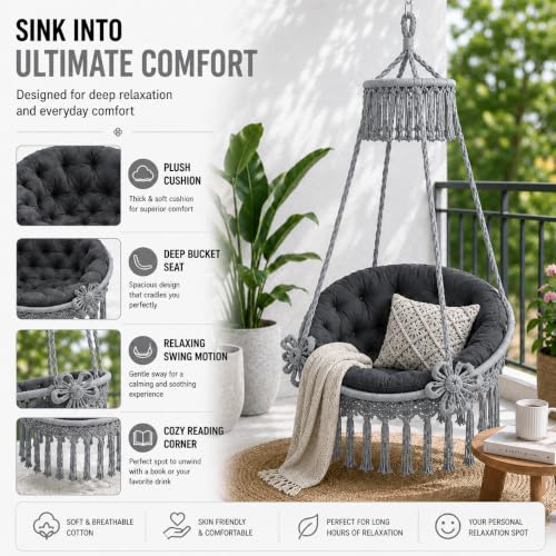 Image of Premium King Size Hammock Chair Swing with Cushion, 200kg Capacity | Indoor Outdoor Heavy Duty Adults & Kids Hanging Jhula for Home, Garden, Patio & Balcony | 1 Year Warranty (Grey)