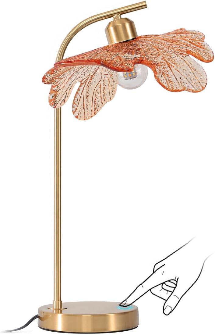 Mid Century Modern Table lamp Bedside Table Lamps with Touch Switch Amber Glass Tall Table lamp Gold Desk lamp nightstand lamp Small Table lamp for Bedroom Living Room Office