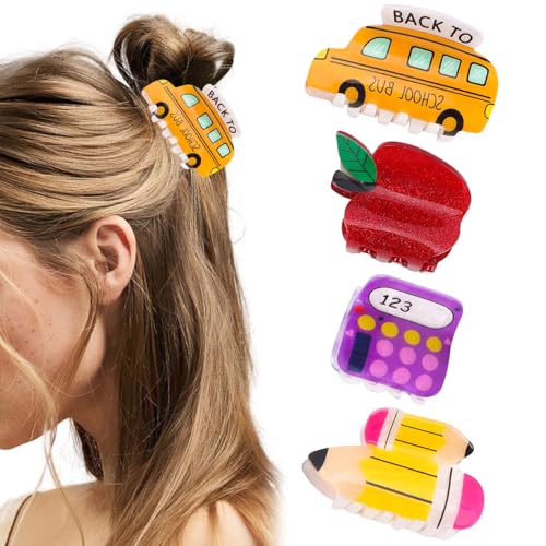 Tihebax Pencil Hair Claw Clips for Back to School, Teacher Hair Accessories for Women Fun Claw Clips School Bus Apple Hair Clips for Teacher and Students Hair Accessories Thin & Thick Hair