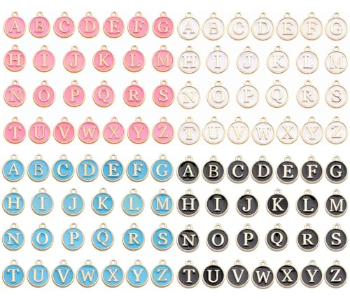 Kinteshun Alphabet Letter Charms Initial A-Z Alphabet Round Double-side Enamel Letters Charm Pendant Bead for DIY Personalized Jewelry Making Findings(4 sets/104pcs)