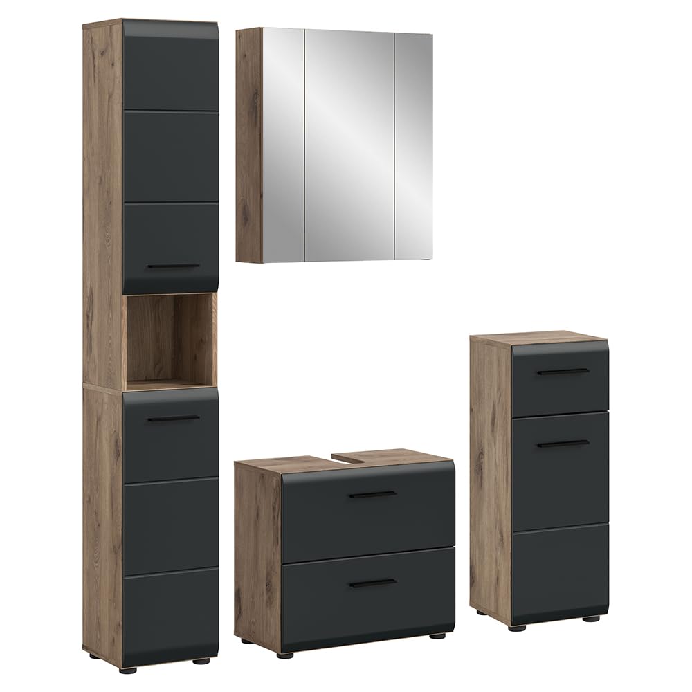 Lomadox Badezimmer Badmöbel-Set 4-teilig in Eiche mit schwarz matt, mit 1 Hochschrank, 1 Unterschrank, 1 Spiegelschrank mit 3D-Funktion & 1 Waschbeckenschrank