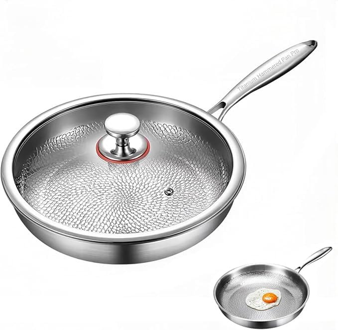 Ratpzou Titan Bratpfanne Mit Deckel, 2025 Verbesserte Titanium Pfanne Unbeschichtet, Hammered Pan, Non-Stick Pro-Kochgeschirr, Kratzfeste Bratpfanne (28 Cm)