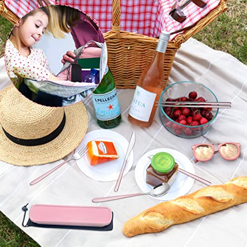 Edelstahl-Besteckset mit Etui, TWUTGAYW Tragbares Reisebesteck, Wiederverwendbares Gabel-LöFfel-Messer-EssstäBchen-Set für BüRo, Schule, Reisen, Camping, Picknick (Rosa, Silbrig)