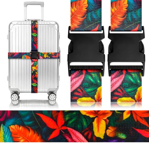 Image of Gutsdoor 2 Pack Luggage Straps for Suitcases, Adjustable Travel Belt, Suitcase Straps with Dual Lock, Quick Release, Over Handle, Luggage Connector Straps & Bright Luggage Belt. (Tropical Night)