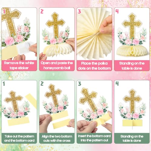 Image of ANGOLIO 12P Pink Floral God Bless Baptism Honeycomb Centerpiece Decorations | Glitter Gold Cross First Communion Party Supplies, Girl Baby Shower Table Decor, Religious Pastor Anniversary, Gender Reveal