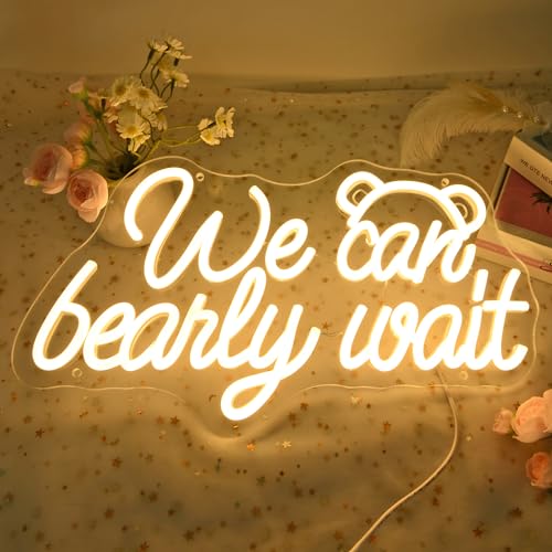 Image of Planzo We Can Bearly Wait LED Neon Light Sign Baby Shower Gifts Wall Decor | Baby Room Kids Room Nursery Bedroom Hanging Neon Sign for Wall Decor Decor, Wedding Birthday Party Decor, USB, 15.7 inchx8.7 inch