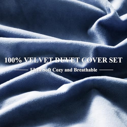 Ivellow Velvet Duvet Cover King Set Blue Comforter Cover 3Pcs Ultra Soft Cover Breathable Solid Luxury Flannel Velour Duvet Cover Zipper Closure Corner Tie
