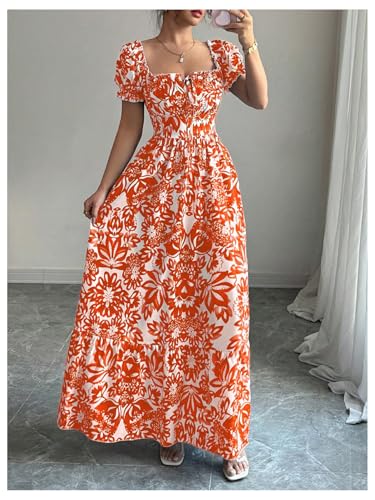 Image of Floerns Women's Floral Short Puff Sleeve Milkmaid Dress Boho A Line Long Dresses