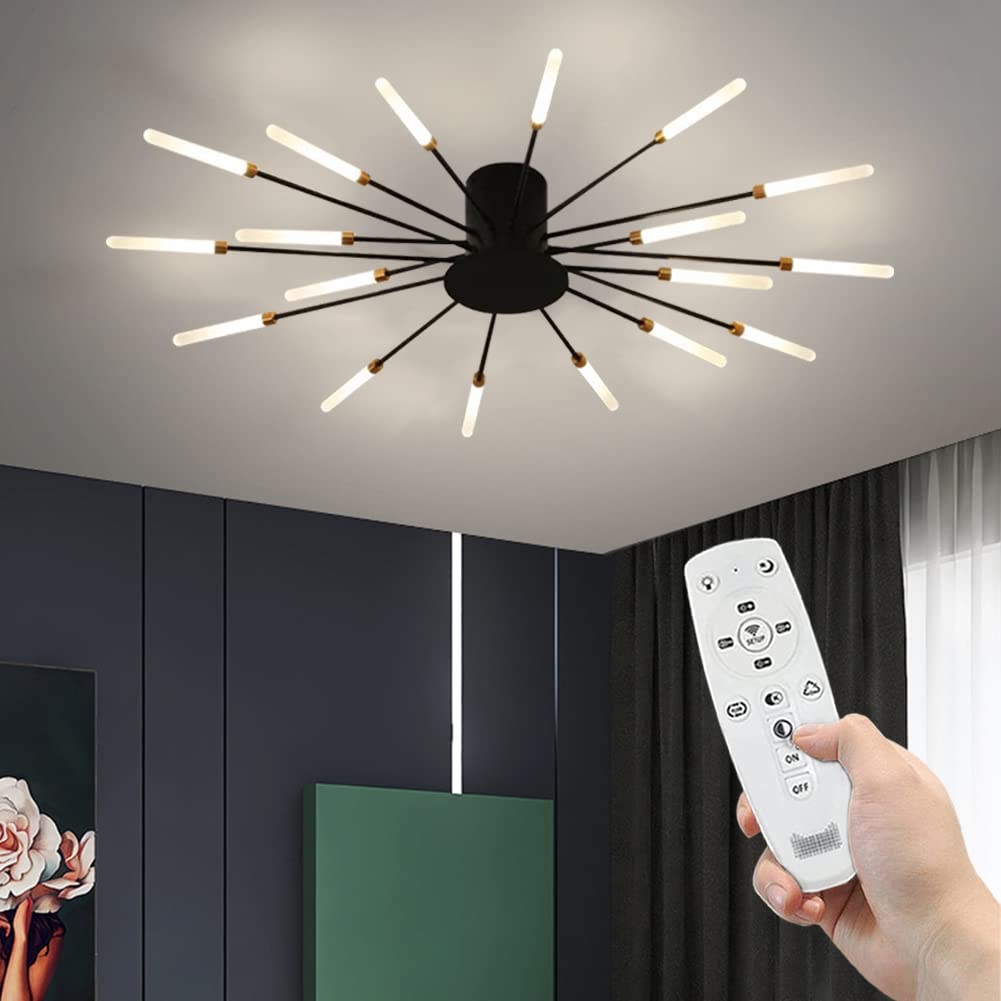 Modern Fireworks Ceiling Light With Remote Control, LED Creative Flower Shape Ceiling Lamp Fixture Nordic Semi-Flush Mount Acrylic Ceiling Lighting For Living Dining Room Bedroom (Black,18-Light)