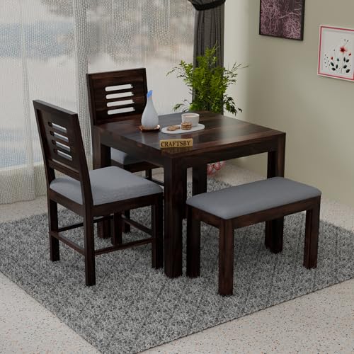 Image of Solid Sheesham Wood 3 Seater Dining Table | Three Seater Dinner Table with 2 Cushions Chairs & 1 Bench | Dinning Table Set 3 Seater for Living Room | Grey Cushions | Walnut Finish