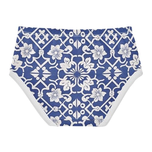 Blue and White Delicate Tile Girls' Breathable Triangle Panties Organic Underwear for Kid in Sizes 2T,3T, 4T, 5T, 6Y and 8Y2