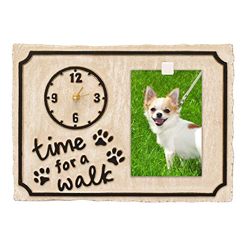 Whitehall Pet Photo Plaque Wall Clock - Cast Aluminum Keepsake Time For A Walk Dog Paw Print Sign With Picture Clip - Limestone #TOP1