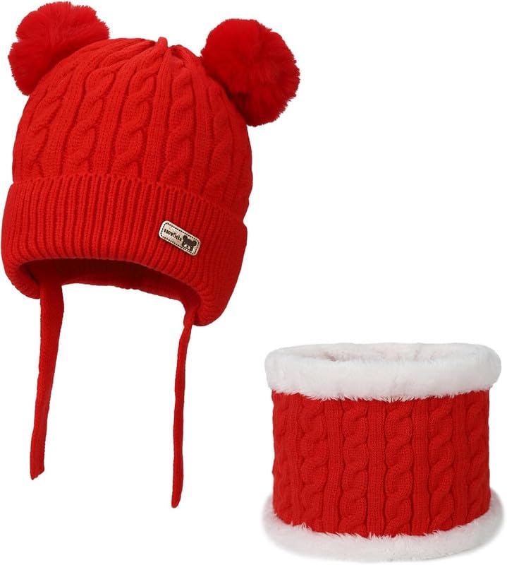 MIKONIKO Kids Winter Hat Scarf Set for Girls & Boys | Toddler Knit Beanie Cap & Neck Warmer | Warm Fleece Lined | Soft & Comfortable | 2–6 Years Red, 1 Count 3