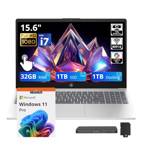 Image of HP 15.6 inch FHD Touchscreen Business Laptop, Intel i7-1255U, 32GB RAM, 1TB PCIe SSD, Intel Iris Xe Graphics, Num Pad, Webcam, Windows 11 Pro, Natural Silver, 32GB Hotface USB Card