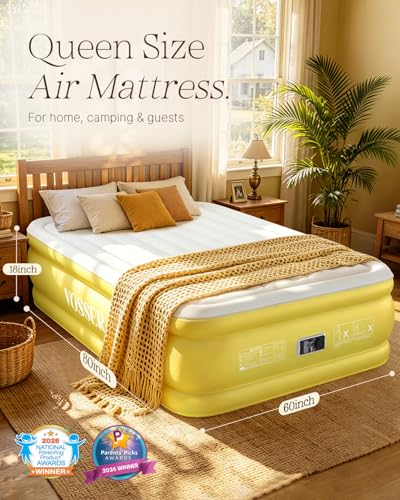 Image of VOSSER Queen Air Mattress with Built-in Pump, 18 inch Raised Blow Up Inflatable Mattress Queen, Heavy Duty 660lbs Luxury Comfort Air Bed for Home, Guests & Camping, Thick Self-Inflating Bed