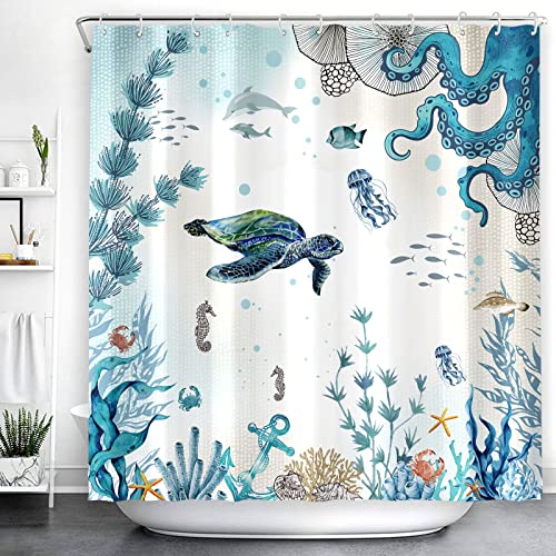 Zussun Sea Turtle Octopus Shower Curtain Set Blue Teal Waterproof Fabric Bathroom Shower Curtains Fish Ocean Animal Seashell Jellyfish Theme Bath Curtain With Hooks (Teal, 72'' × 72'') #TOP4