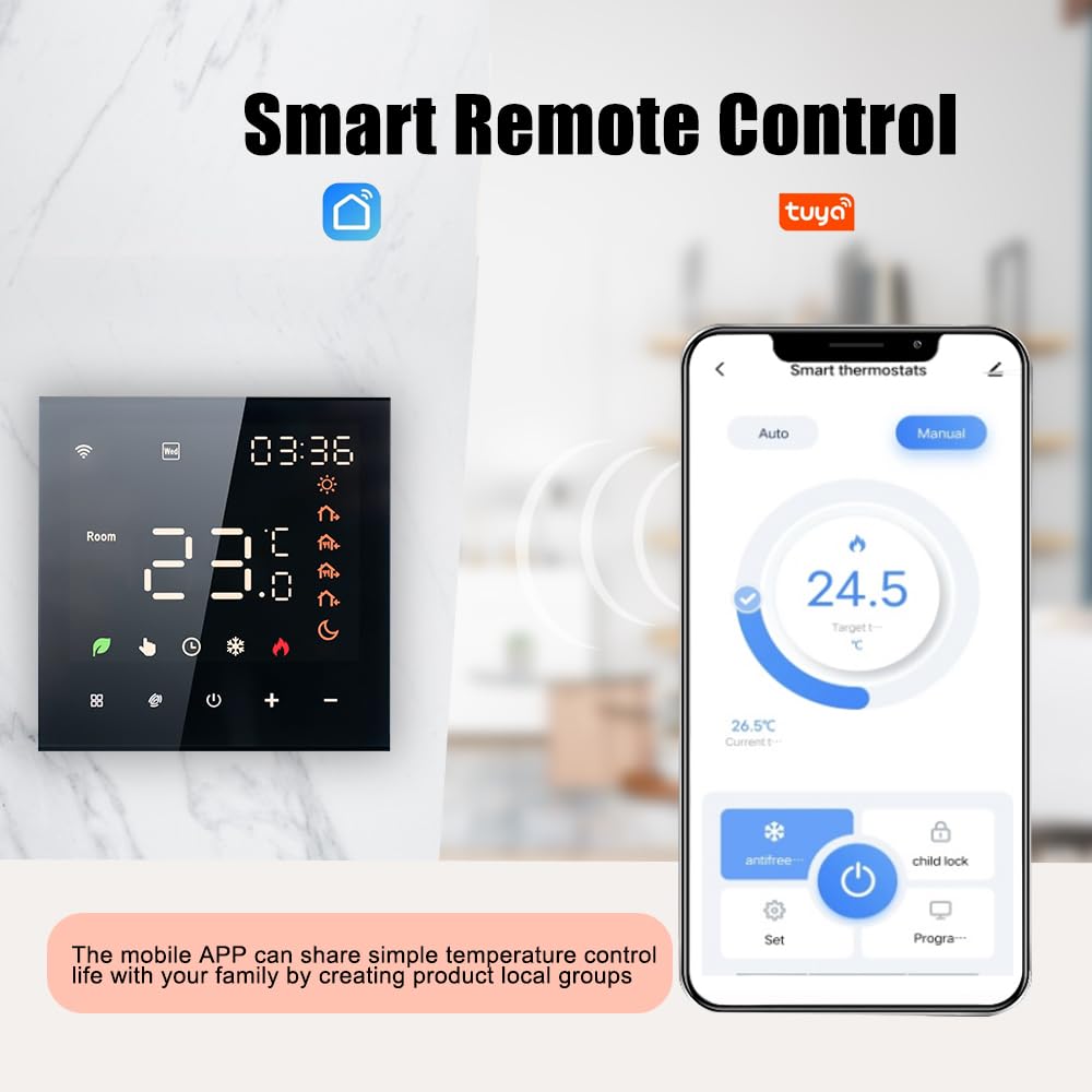 Aoresac Inteligentny termostat, Wi-Fi, programowalny, do ogrzewania podłogowego, wody, kompatybilny z , -Home, 3A, ekran dotykowy LCD, czarny