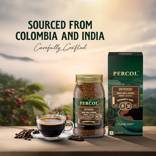 Image of PERCOL Premium Instant Coffee | Intenzo Blend 31 | Crafted with Premium Imported Beans | Freeze Dried | Designed in UK | 100g Jar | 100% Pure Coffee | Flavorful & Aromatic Coffee