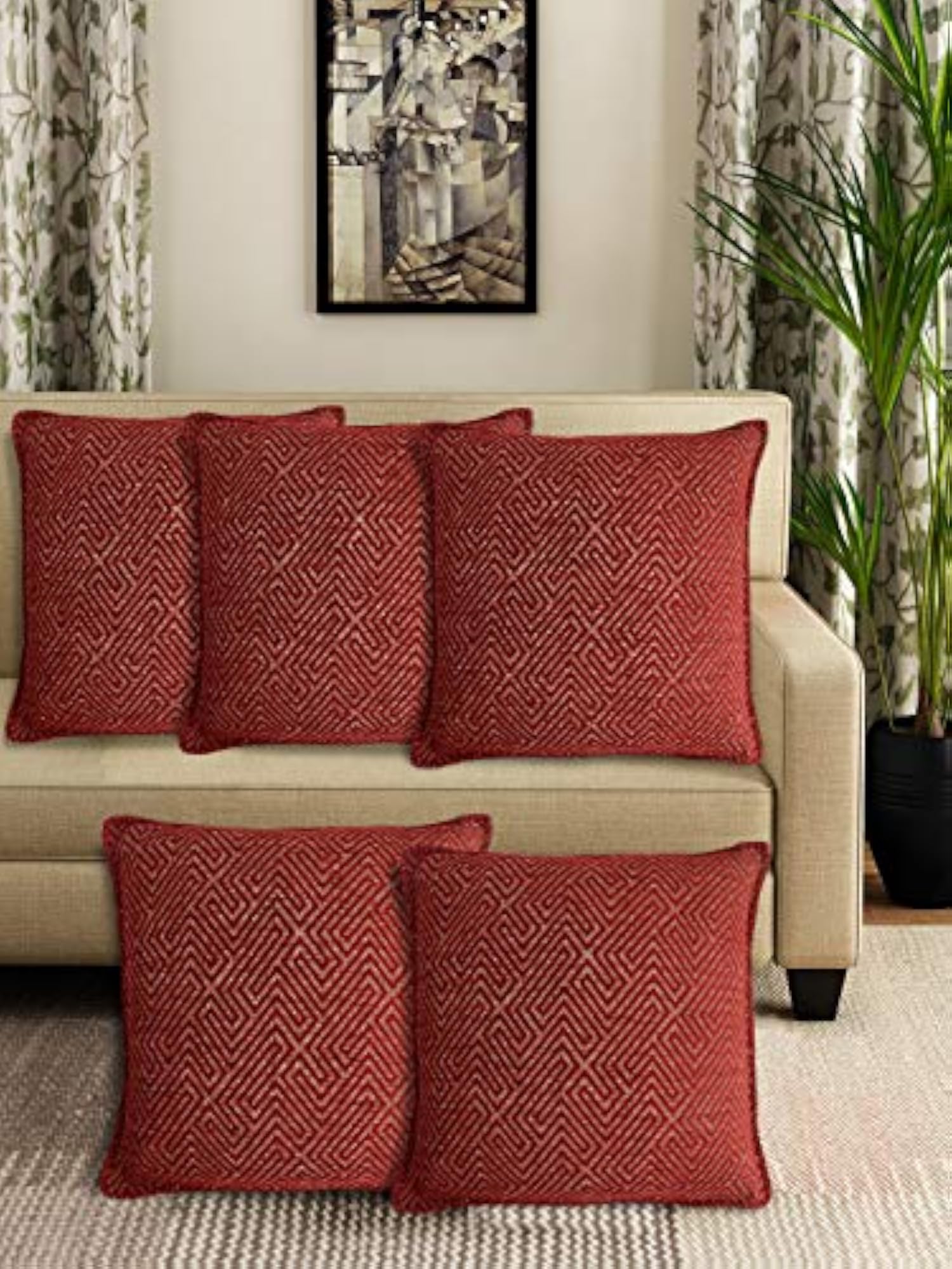 Premium Soft Viscose Chenille Cushion Covers Set of 5, Maroon