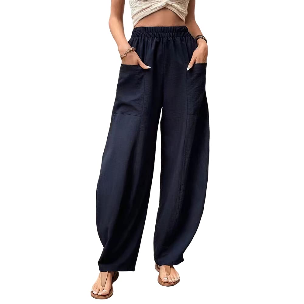 Akivide Womens Casual Linen Elastic Waist Pants High Waist Loose Comfy Trousers Wide Leg Pants for Women with