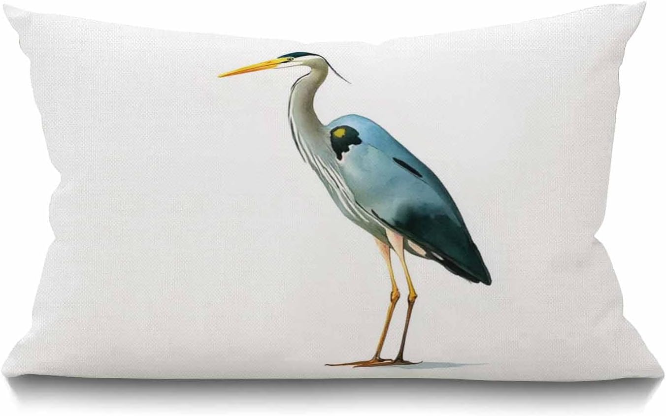Smooffly Heron Pillow,Watercolor Blue Heron Waist Lumbar Cotton Linen Throw Pillow case Cushion Cover Sofa Home Decorative Rectangle Oblong 12x20 Inches