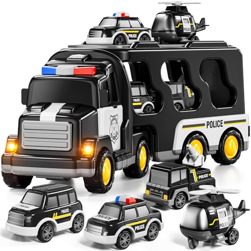 JUKUDAHU Police Truck Toy for 3 4 5 6 Years Old Boys - Carrier Vehicle Toy Set with 3 Small Cars and 1 Helicopter Kids Firction Powered Car for Age 3-9 Gifts for Boys and Girls