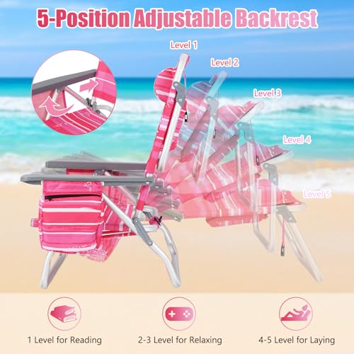 Image of Tangkula Set of 4 Backpack Beach Chair, 5-Position Lay Flat Beach Chairs with Cooler Bag, 2 Cup Holders, Towel Bar, Lightweight Low Folding Beach Chair with Backpack Straps