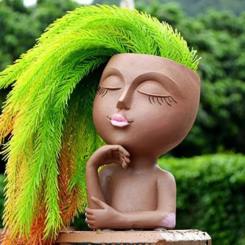 Face Planter, Head Planters, Lady Heads Flowerpot, Girl Faces Plant Pot, Decorative Female Statue Flower Pots with Drainage for Indoor Outdoor Succulents, Closed Eyes Art Women Vase(7 Inches Brown)