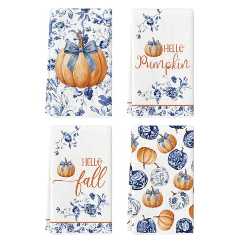 Flowers Pumpkin Fall Kitchen Towels, Set of 4, 18x26 Inch - image 1