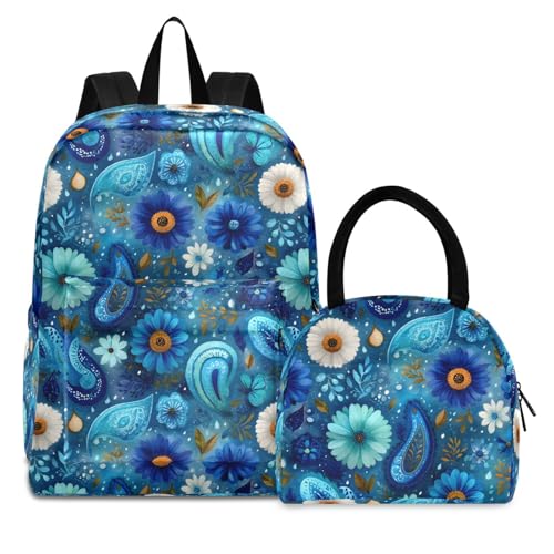 Paisley Blue Print Backpack Set with Lunch Bag, Large Capacity Travel Backpacks and Lunch Box Insulated for Commute Hiking Picnic