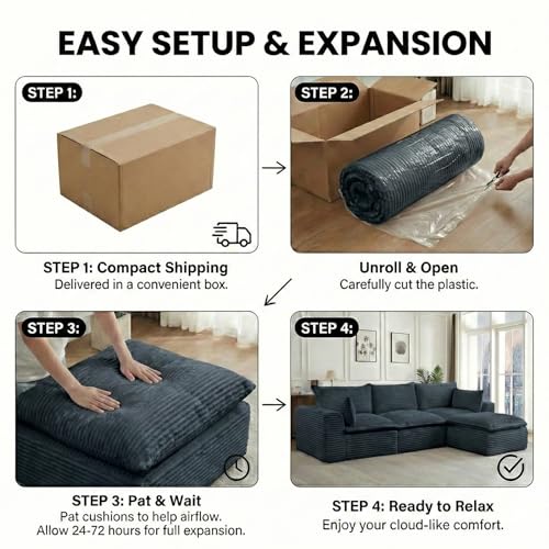 Image of 110 inch Boneless Couch for Living Room, Double-Layer Cushion Cloud Couch with Ottoman, Soft Corduroy Modular Sofa Sectional, No Assembly Lazy Couch