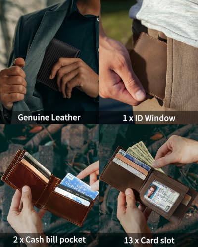 Image of Artpaxy Mens Wallet Bifold Genuine Leather RFID Blocking Wallet for Men with 1 ID Window 13 Card Holders 2 cash pockets 1 Gift Box
