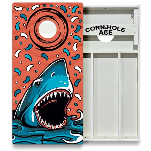 CornholeAce Beach Shark All Weather Pro Cornhole Board Set - Waterproof 4x2 Regulation Size, Made in USA, Triple Wide Legs, 3/4" PVC, Official Tournament Boards, Outdoor Ready (2 Boards)