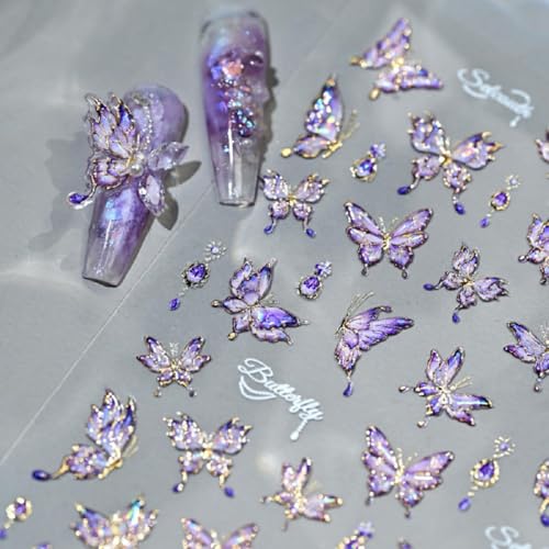 Butterfly Nail Stickers 5D Embossed Aurora Purple Nail Decals Shell