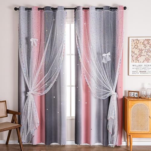 Image of 52x108 Mix & Match Double Layer Laser-Cut Stars Gradient Blackout Curtains with Foil Print Sheer, 2 Panels Set - Gradient Grey Pink