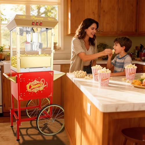 Image of 16Oz Commercial Popcorn Machine With Cart and 16 Oz Kettle, Movie Theater Popcorn Machine, Red Golden Pop Corn Machine with 3-Switch Control & Steel Frame Tempered Glass Doors