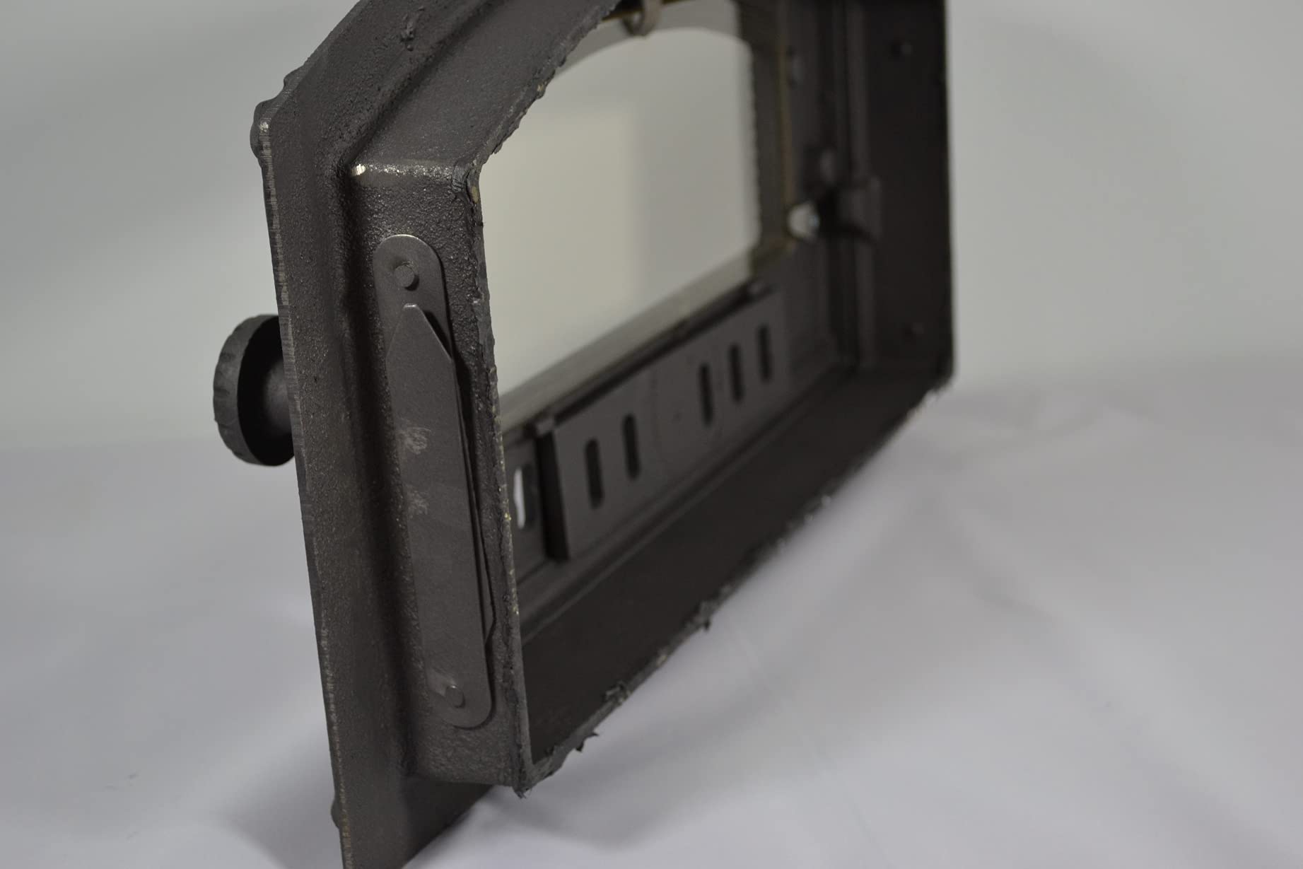 SEZAM Puerta de horno de hierro fundido con termómetro 500°C, cristal resistente al calor, apertura a la izquierda, puerta para pizza, horno de pan, 48,5 x 6,5 x 27,5 cm, semicircular, pintura grafita