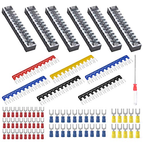 73Pcs(6Sets) Terminal Block Set, 6Pcs 12 Positions 600V 15A Dual Row Screw Terminal Strip Block + 6Pcs Pre-Insulated Terminals Barrier Strip + 60Pcs Insulated Fork Wire Connector by CGele…