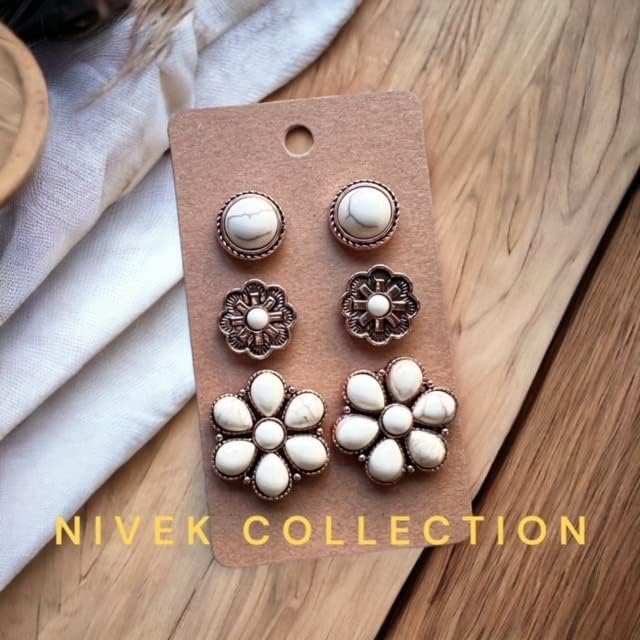NIVEK Set of 3 White Turquoise Color Stud Earrings Copper Antique Finish Western Boho Flower Round Bohemian Southwestern - Image 4