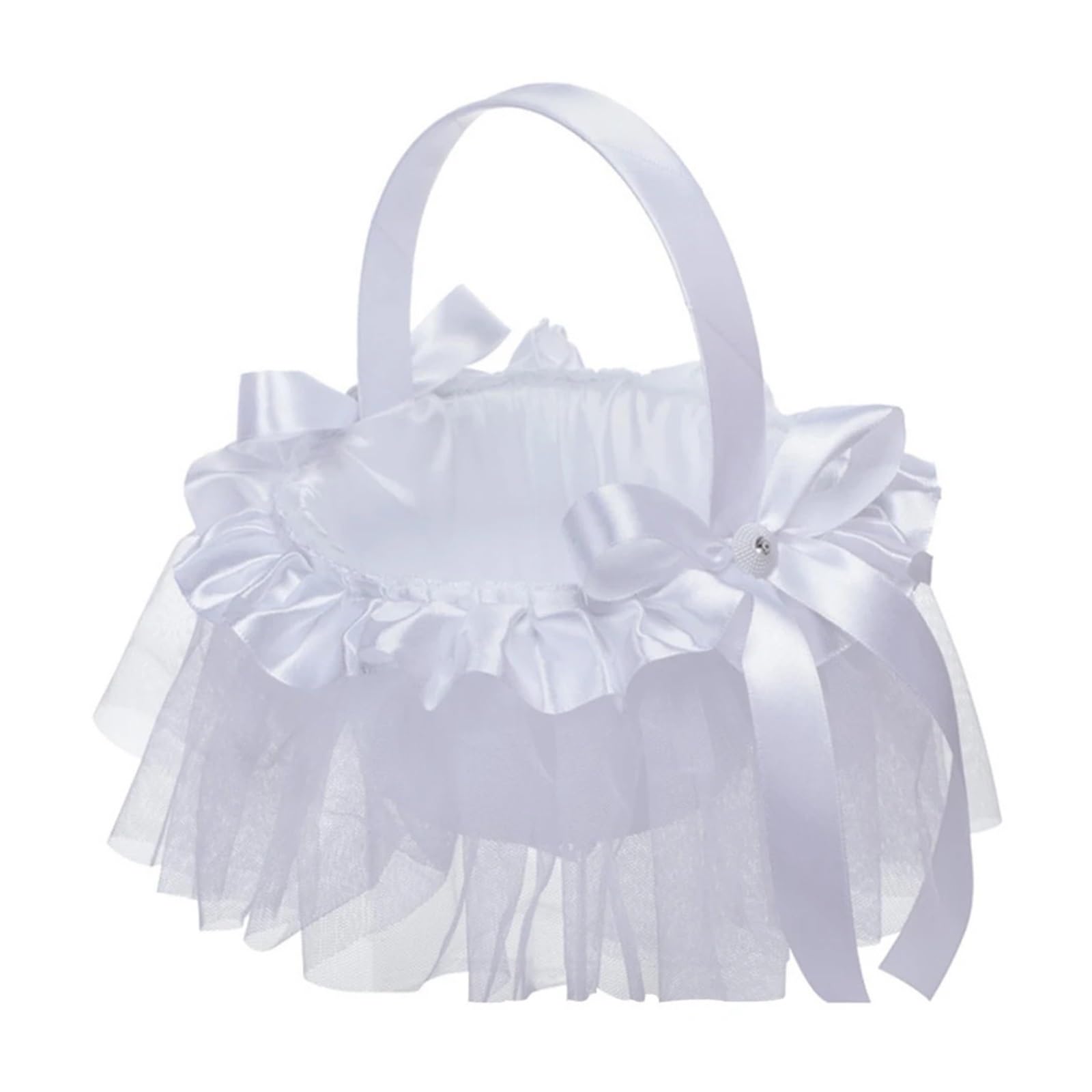 Wedding Petal Confetti Basket, Wedding Flower Basket White Bow Tie Satin Picnic 7.5x6x6 inches Handheld Photo Prop(White5)