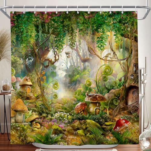 Leowefowa Enchanted Forest Shower Curtain Fantasy Mushroom Wonderland Fairy Bathroom Waterproof Polyester Fabric Shower Curtains Machine Washable Durable with 12 Hooks 72x72 Inch