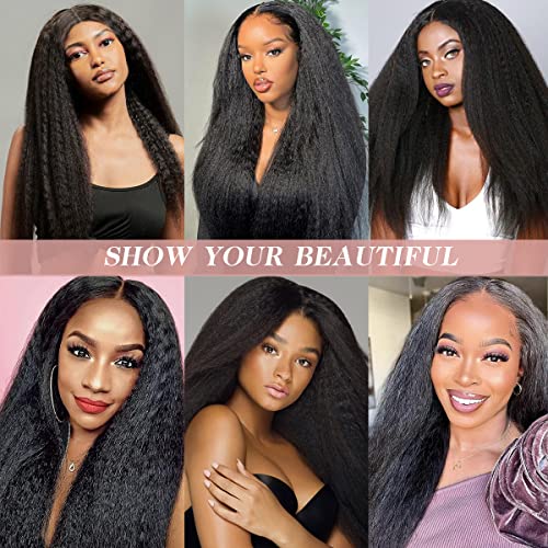 Long Kinky Straight Wigs For Black Women Black Yaki Straight Hair Wig Synthetic Middle Part Wigs Kinky Curly Wigs 26 Inches Glueless Heat Resistant Synthetic Full Wigs (26Inch, 1B) #TOP6