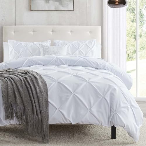 Image of Nestl White Duvet Cover Full Size - Soft Double Brushed Duvet Set with Button Closure & Corner Ties, 3 Piece Luxurious Pinch Pleated Duvet Cover Set 80x90 Inches with 2 Pillow Shams