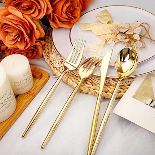 Rubtlamp 180Pcs Gold Plastic Silverware,Luxury Gold Plastic Cutlery,Heavy duty Golden Disposable Flatware, Utensils Set Disposable Include 60Gold Forks,60Gold Spoons,60Plastic Knives for Party,Wedding - Image 4