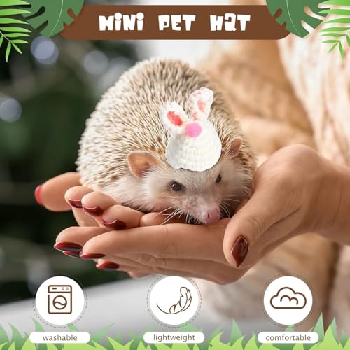 Bearded Dragon Bunny Hat for Easter - Hand Knitted Small Animal Bunny Ears Cap with Adjustable Strap Halloween Costume Outfit Clothes Accessories for Rat Hamster Hedgehog Snake Sugar Glider (White)