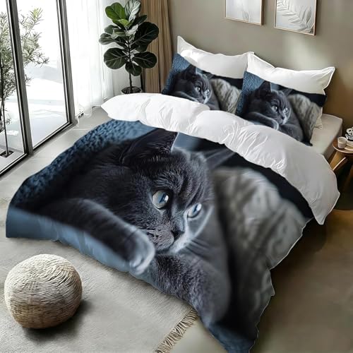 Housse de Couette 140x200 Chat British Shorthair Bleu Parure de Lit 1 Personne Chat de Compagnie...