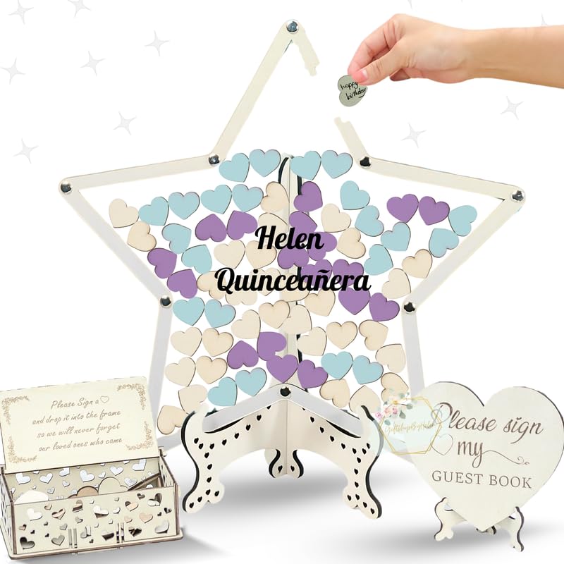Custom Wooden Quinceañera Guest Book Alternative Frame, Sweet 15 Guest Book, Sweet 16 Guest Book Star Shape Transparent Keepsake - Perfect for Wedding