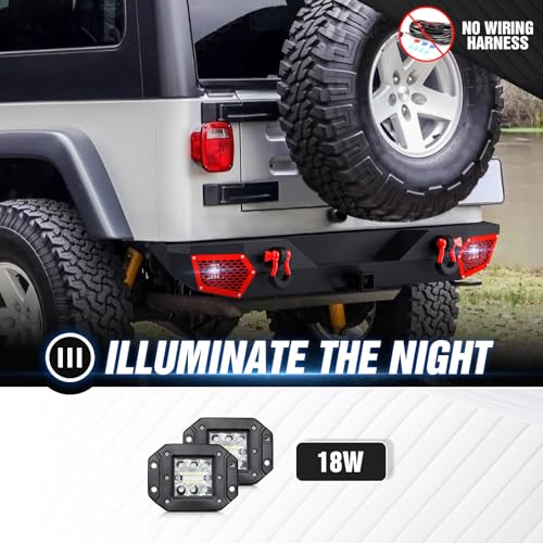 Image of Off-road Rear Bumper Compatible with 1987-2006 Jeep Wrangler TJ YJ LJ (2 /4 Doors) Rock Crawler Bumper Built-in Paintable Armor, 2 inch Hitch Receiver, 2 x 18W LED Lights & D-rings, Textured Black